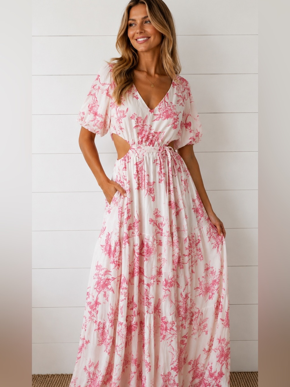 Flying Tomato Pink Floral Maxi Dress Puff Sleeve Tiered Size L